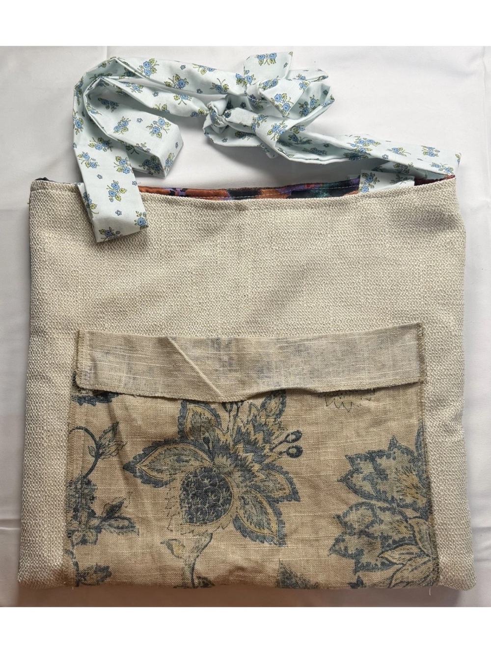 Cream Floral Pocket Tote with Blue Patterned Strap